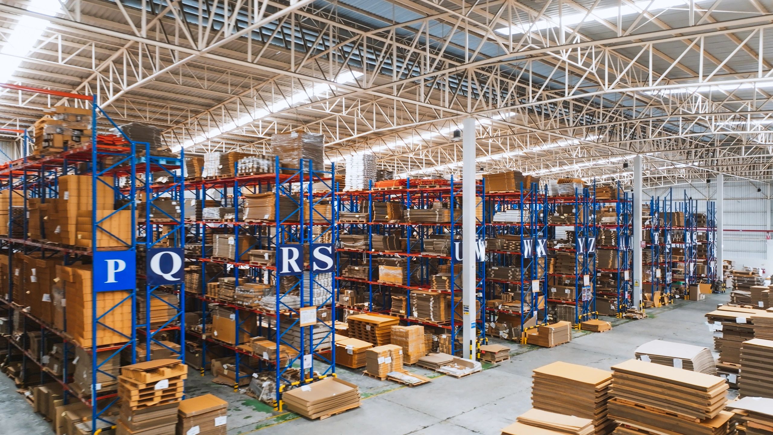 Warehouse shelving with packaged goods